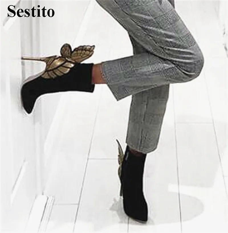 Fashion Appliques Women Solid Flock Basic Zip Ankle Boots Spring/Autumn Sexy Pointed Toe Super High Thin Heels Dress shoes Fashion Appliques Women Solid Flock Basic Zip Ankle Boots Spring/Autumn Sexy Pointed Toe Super High Thin Heels Dress shoes