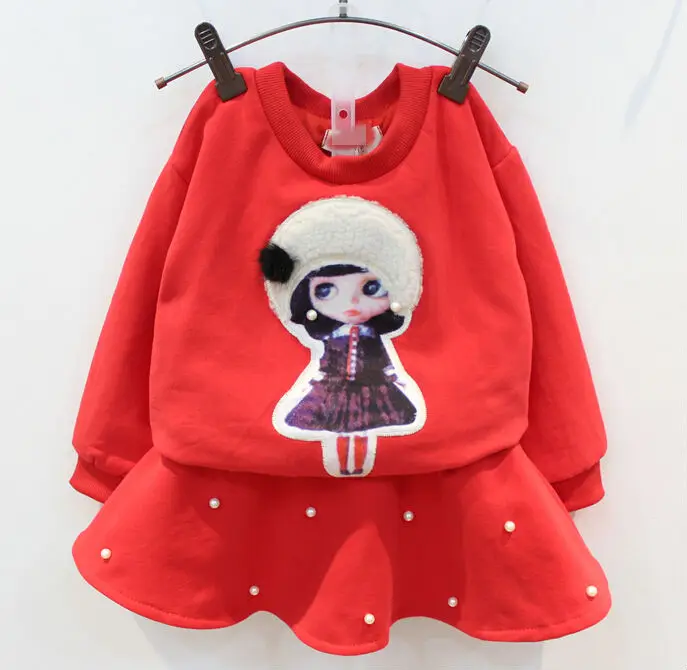 

New Autumn Winter  Fashion Lovely  Long Sleeve Thick Baby Girls  T Shirt  Pearls Skirt  Children Red Outfits Sweatshirt + Skirt