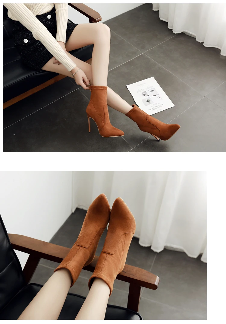 Eilyken/ г.; осенне-зимние женские ботинки; модная обувь на высоком каблуке с острым носком из эластичной ткани; ботинки «Челси»; женская обувь; Sapatos; размер 42