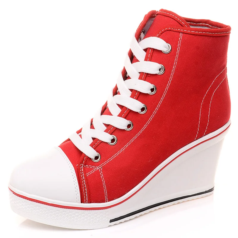 ; коллекция года; повседневная обувь на высокой танкетке со шнуровкой; женская парусиновая обувь; высокие ботинки на танкетке; женская повседневная обувь - Цвет: red