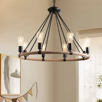 

European classical iron 6/8 Heads Pendant lamps Circle Rope Pendant light decorative lights retro cafe Rustic Luminaire PA0399