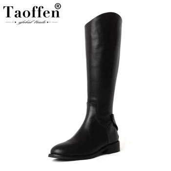 

Taoffen Women Real Leather Hot Sale 2020 Winter Knee Boots Round Toe Square Heels Long Boots Zipper Footwear Botas Size 34-39