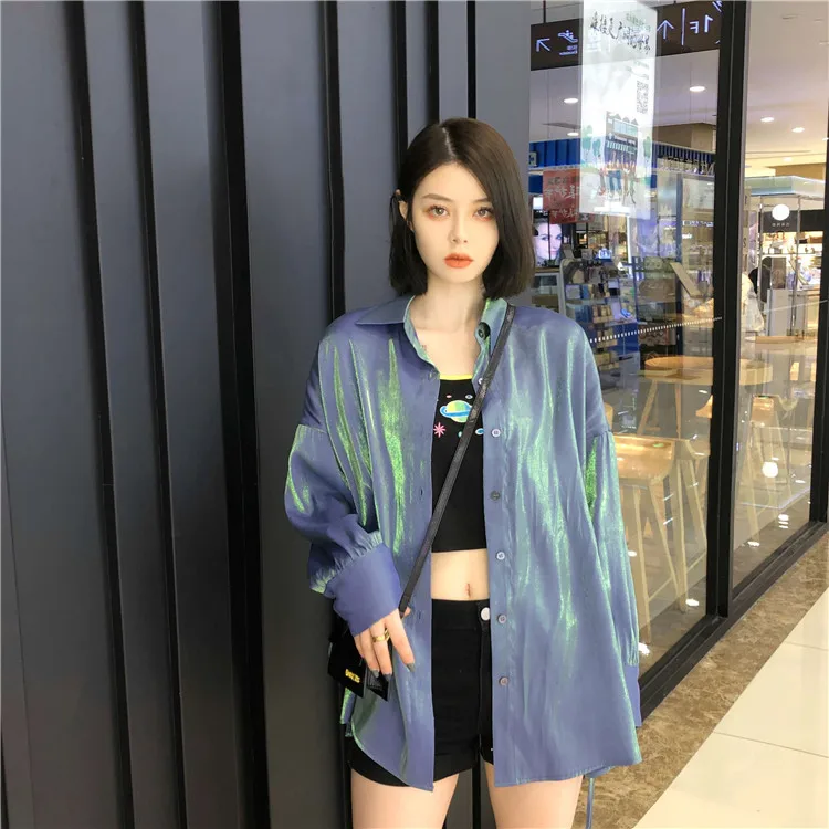 

Streetwear Shirt Women 2019 Autumn Vintage Glitter Long Sleeve Satin Blouse Embroidery Top Korean Fashion Clothing T334