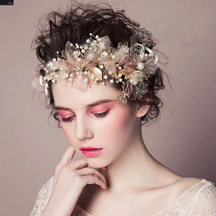 BRITNRY Romantic Flower Bride Jewelry Headdress Rhinestone Pearls