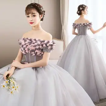 

Romantic Princess Engagement Dress Sheer Off Shoulder Beads Flowers Applique Evening Dress Ball Gown Tulle Prom Dresses