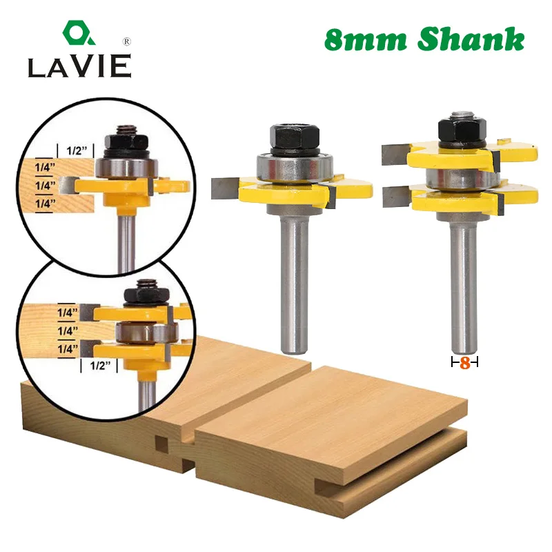 2 pcs 8mm Shank Tongue & Groove Joint Router Bits T Slot Milling