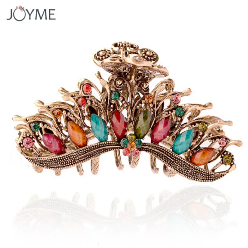 

Fashion Antique Gold Big Butterfly Hair Claw 5 Color Resin Crystal Flower Hair Jewelry Vintage Hair Clip For Women Accessories