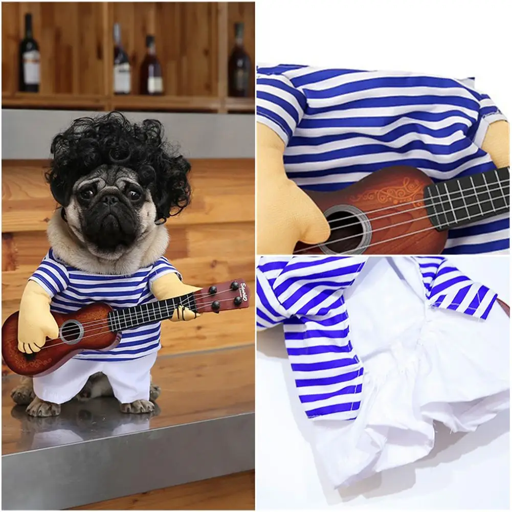 

Halloween Pet Dog Suit Cosplay Costume Wig Bulldog Pug Standing Rock Guitar Prince Transformed Striped Funny Dog Clothes 20E