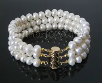 

Beautiful 8" 3row 8mm white bread shape freshwater pearl bracelet-GP clasp@^Noble style Natural Fine jewe FREE SHIPPING