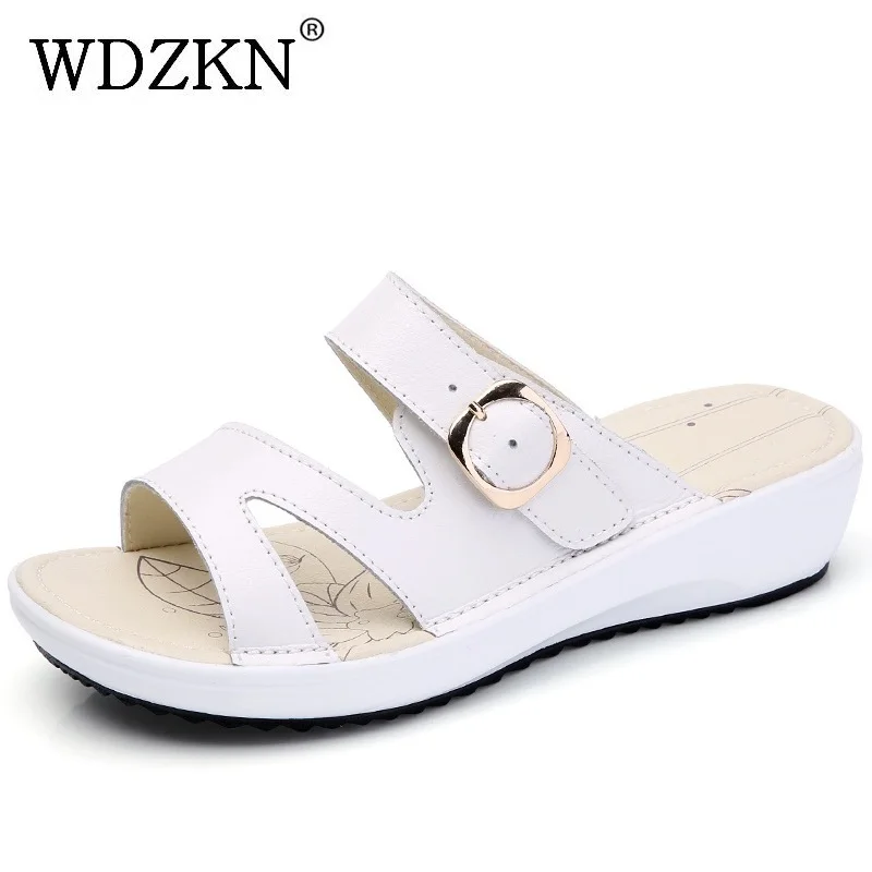 

WDZKN Summer Women Slippers Low Wedge Sandals Shoes Comfortable Split Leather Slip On Outside Slides Black White Flip Flops