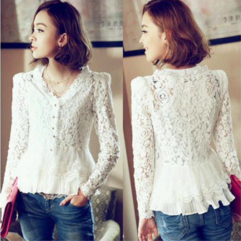 Blusas de Encaje Camisa Camisas De Mujer Manga Larga Blanca Lace Women Blouses