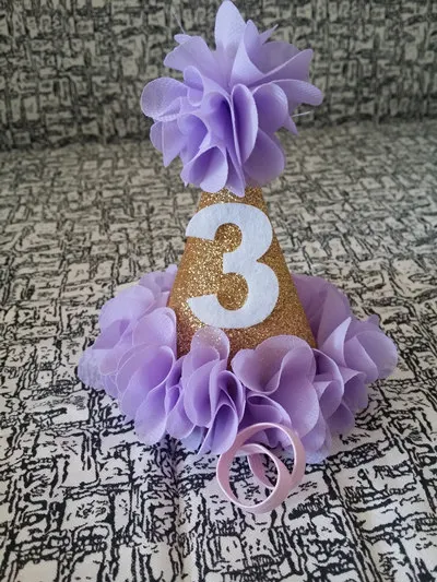 Праздничный колпак с цветочным принтом для девочек, розовый, лавандовый, золотой, Цветочный, вечерние шапка, 1-й, 2-й, 3-й, блестящий, вечерние шапки для новорожденных - Цвет: Lavender 3 one piece