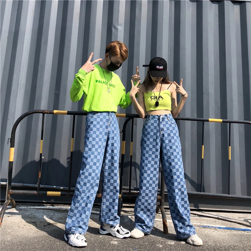 Woherb Jeans Woman Plaid Pants Hip Hop New Female Wide Leg Pants Fashion Harajuku BF Vintage High Waist Denim Pants 22706