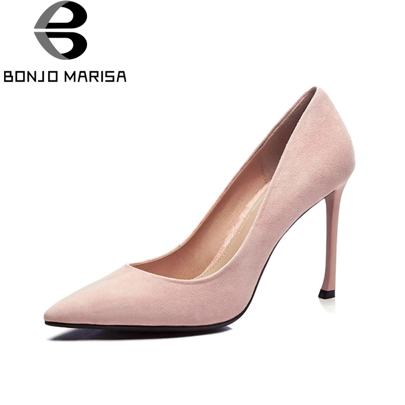 BONJOMARISA 2018 Top Quality Brand Shoes Woman Sexy Thin High Heels Slip On Kid Suede Leather Party Wedding Shoes Pumps Women bonjomarisa 2018 summer brand sexy women mules print patent leather pumps crystal high heels party wedding shoes woman