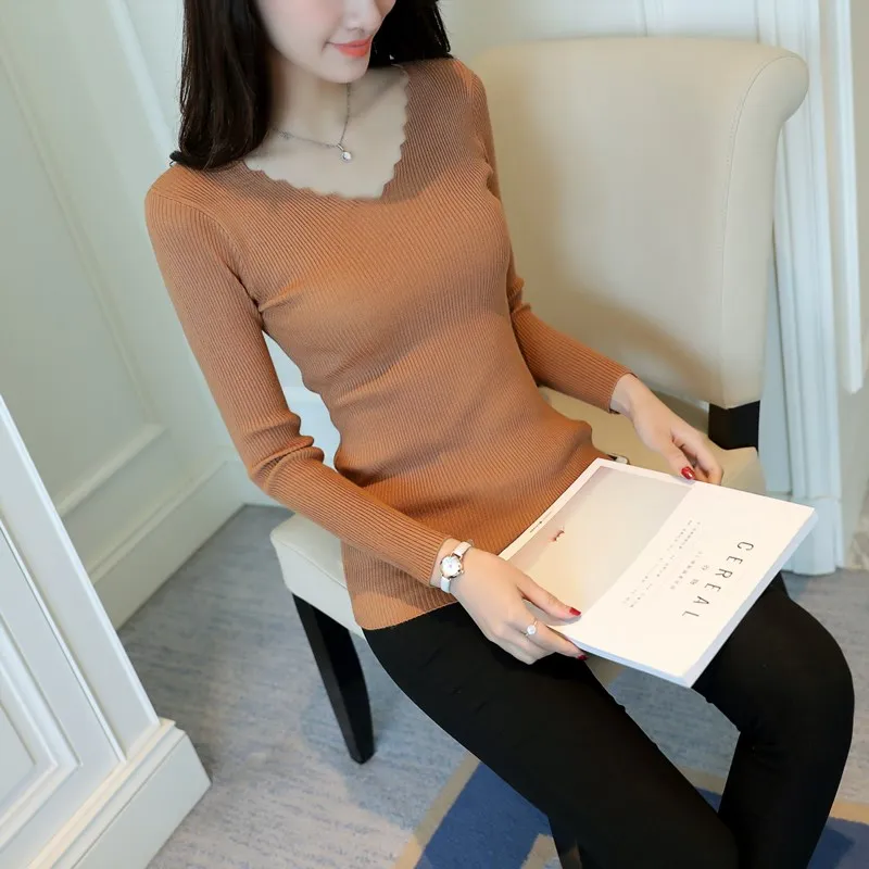Autumn Women's Thin Knit Sweater Casual Solid Color Slim V Neck Long Sleeved Sweater Female Pullovers Sweaters 2019 Fashion