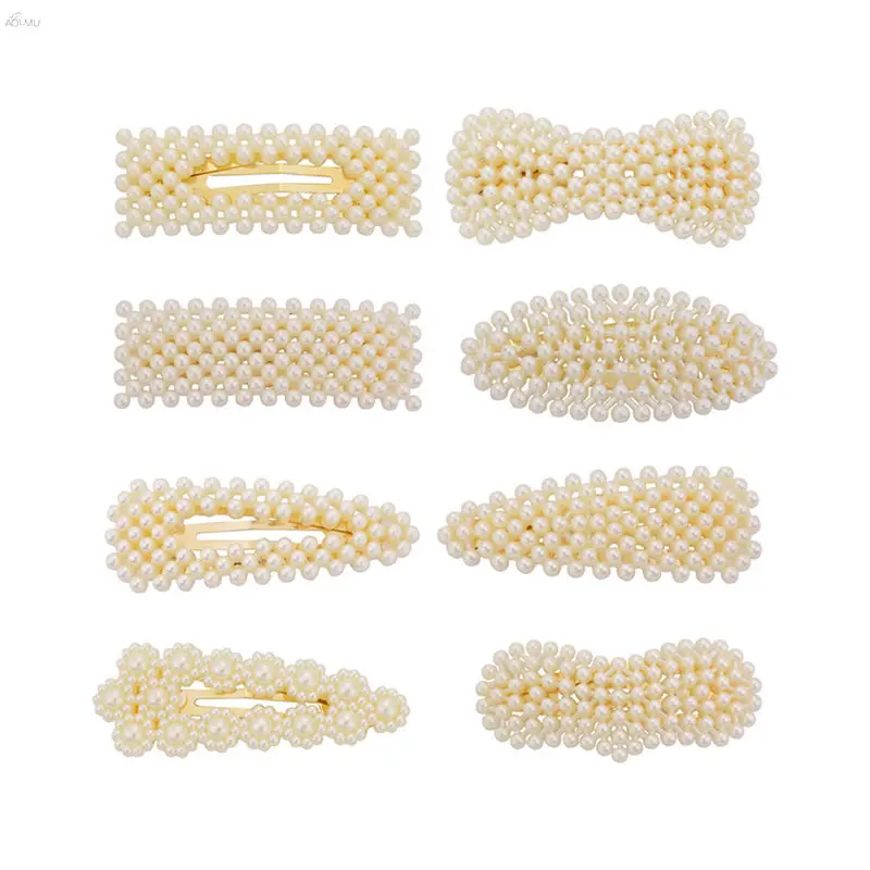 

AOMU Korea Chic Imitiation Pearl Bowknot Hairpins Geometric Oval Rectangle Metal Gold Color Hair Clips for Women Hair Accessorie