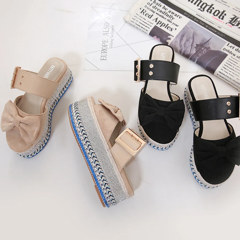 

2019 Women 6.5cm High Heels Platform Wedges Sandals Crystal Slides Diamond Slippers Beach Luxury Design Belt Glitter Shoes YCH-4