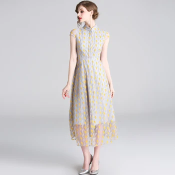 

2019 Summer New Elegant Women's Lace Slim Dress Fashion Retro Streetwear Stand Collar Short Sleeve Party Dress