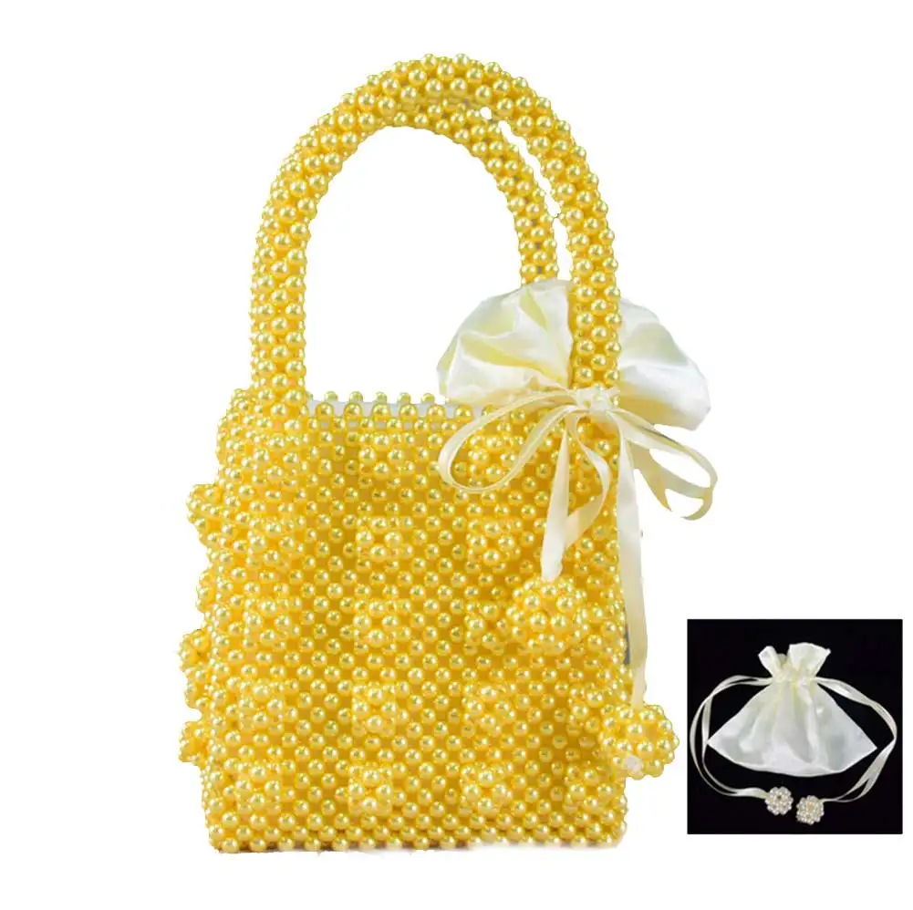 Lemon yellow Ручной работы сумки из натуральной кожи с искусственным жемчугом Женская плетеная обувь Для женщин Сумочка, расшитая бисером, чтобы сделать заказ Вечеринка DIY тканые ручной работы сумка с бусинами H99F - Цвет: Lemon yellow