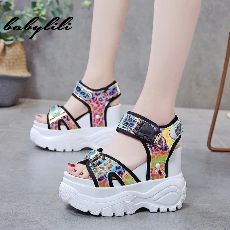 

Luxury Platform Wedge Women Sandals Breathable Fashion Glitter Laser Sandalias Mujer 2019 Summer 11cm High Heel Print Footwear