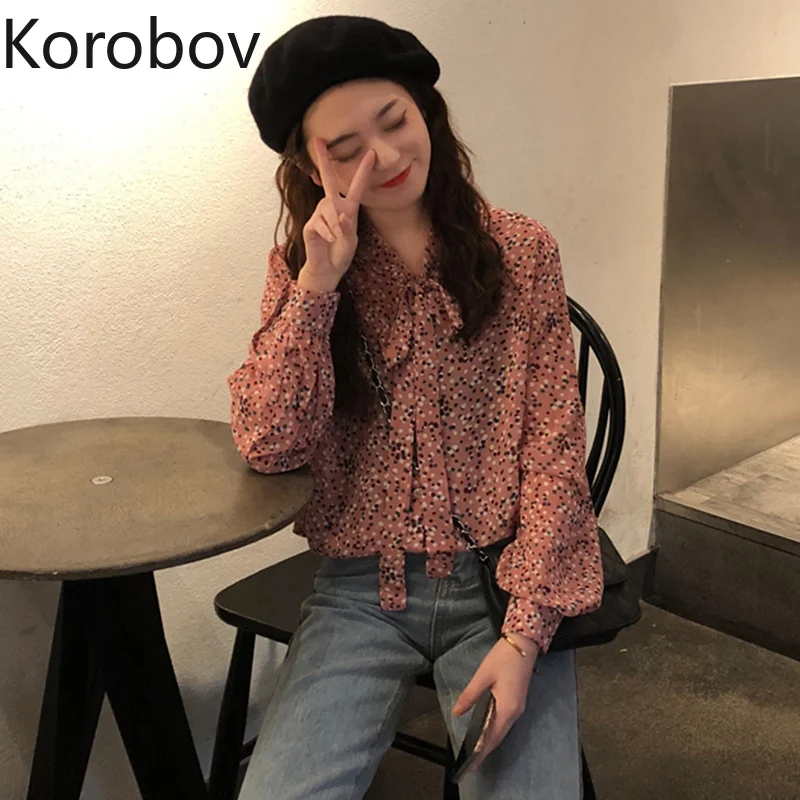 

Korobov Polka Dot Print Women Chiffon Blouse 2019 New Vintage Long Sleeve Shirts Korean Lacing O-Neck Bow Female Blusas 77462