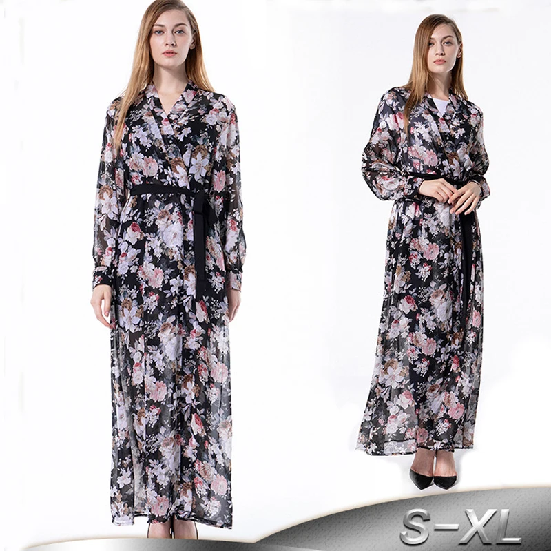 

Plus Size Dubai Size 58 2019 Bangladesh Abaya Kimono Kaftan Women Floral Chiffon Muslim Cardigan Hijab Dress Islamic Clothing