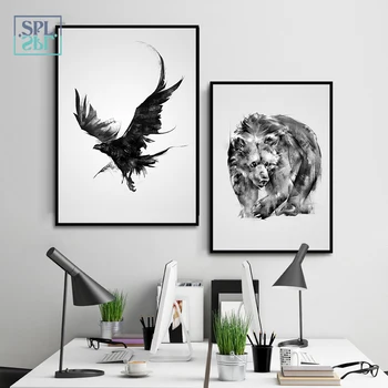 

SPLSPL Black and White Animal Nordic Poster Bears Eagle Canvas Print Wall Art Painting Decoration for Living Room No Frame