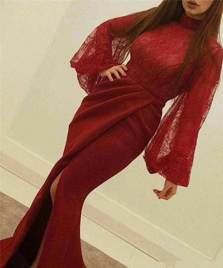 Бордовые мусульманские Вечерние платья Русалка с длинными рукавами Кружева Бархат ислам Дубаи Саудовской Аравии Длинные Формальные Вечерние платья