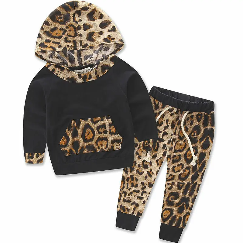 Newborn Kids Autumn Winter Clothes Leopard Infant Baby Girls Boys Pocket Long Sleeve Hooded Coat Top+Lace-Up Long Pants 2pcs Set