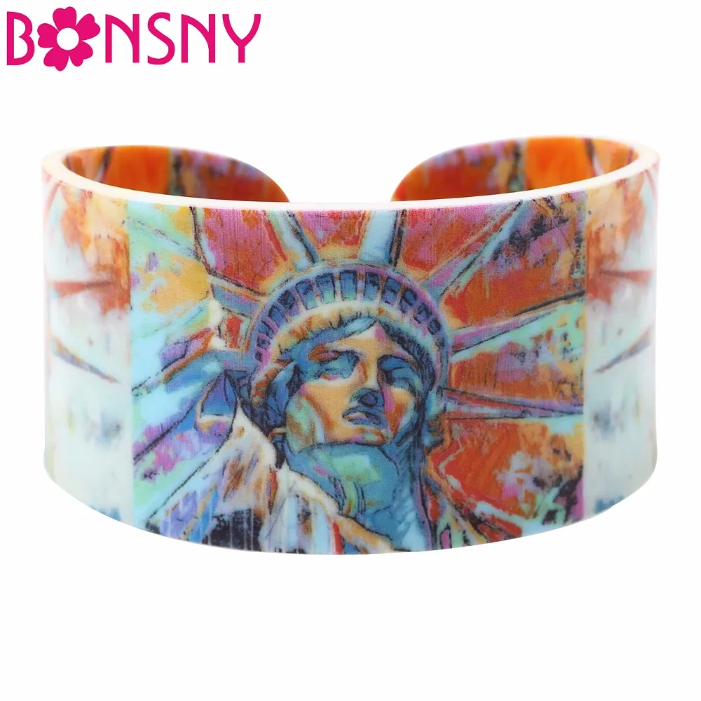 

Bonsny Wide Statue Of Liberty Love Bangles Bracelet Fashion Acrylic Jewelry For Women 2017 New Spring Summer Accessories Gifts