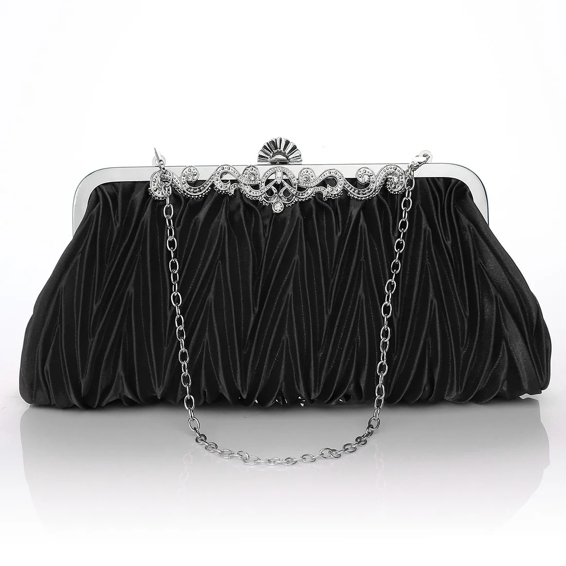 Folding Dinner Bag Women Lady Satin Crystal Bridal Handbag Clutch Party Wedding Purse Evening Bag Metal Buckles Polyester Fabric 6