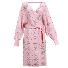 High Quality pink dress women fashion 2018 designer Knitwear V neck Knitted Mini Snow Diamonds Sweater Bandage Dress OM346