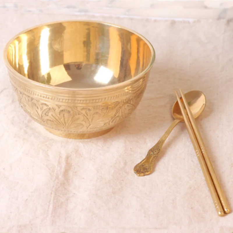 with spoon Chopstick " обеденные миски из желтой латуни, декоративные антикварные медные миски, 6 дюймов, креативная рисовая миска для перекуса, лапша, салат, столовые приборы, подарки - Цвет: with spoon Chopstick