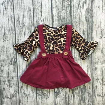 

new design girls Spring dress clothing girls leapord top with wine red suspender skirts sets outfits girls boutiques clothes