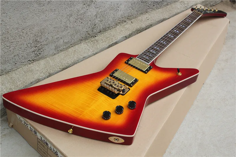 

Chinese Musical Instruments Custom Shop Tiger Flame Explorer Cherry Sunburst Color electric gutiar With Floyd Tremolo 17-11-11