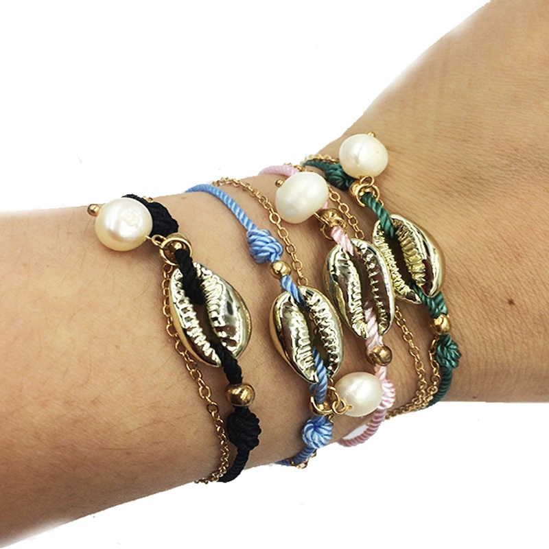 

New Boho Style Couple Charm Animal Pendant Braided Rope knitting Handemade water fresh pearls shell Bracelet Women Bracelets