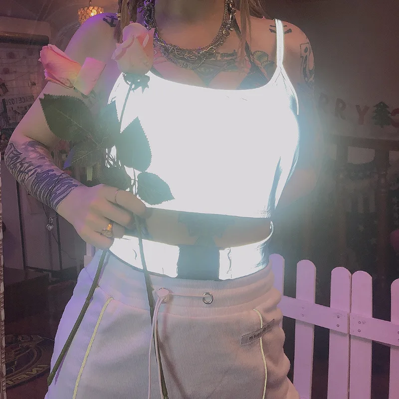 

Summer Sexy Women Reflective Strapless Silver Tank Top Buckle Sleeveless Party Club Hollow Out Crop Tops Camis Tops Streetwear