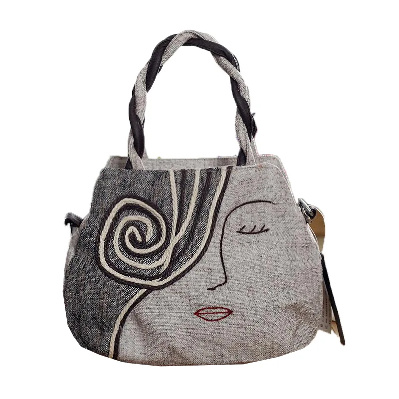 

Ougger Small Women Shoulder Handbags Crossbody Bags National Style Gray Canvas Flap Bag with Embroidery for Shopping