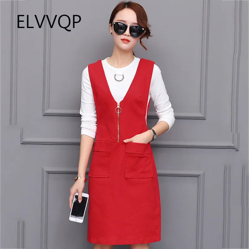 

2018 Spring New Women Long Sleeve Tank Two-piece Dress Autumn Fashion Elegant Casual V-neck Tank Slim Dress Vestidos LF074