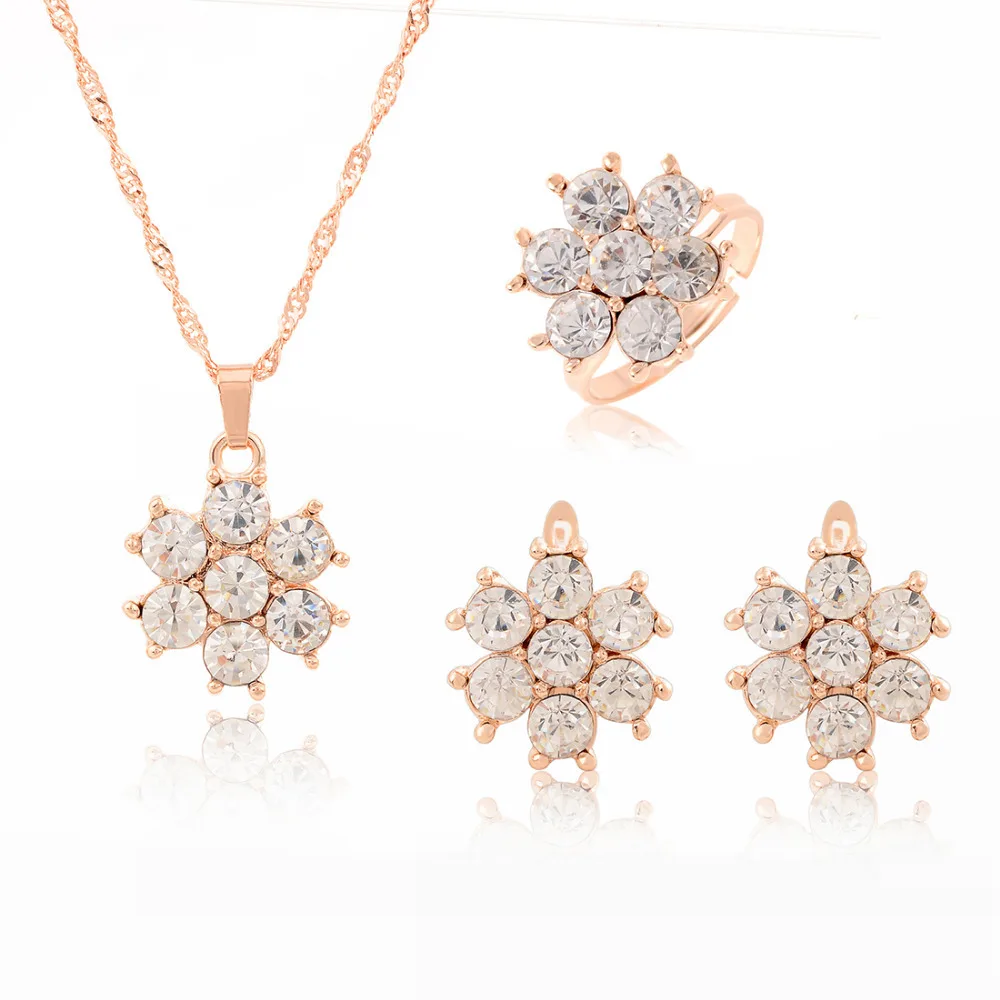 

Fashion Gold Color Clear Austria Crystals Snow Flower Drop Earrings Pendant Necklace Adjustable Ring Jewelry Sets For Women