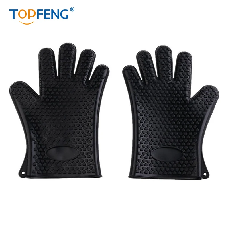 TOPFENG STONEMEN жаростойкий класс силиконовые перчатки для готовки для выпечки и bbq держатель для духовки противоскользящие рукавицы кухонные перчатки 2 шт - Цвет: BLACK