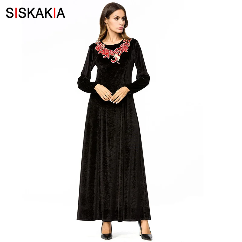 

Siskakia Womens Velvet long Dress Chic Embroidery Maxi Dresses Black Round Neck long Sleeve Elegant Dress Lady Autumn Fall 2018