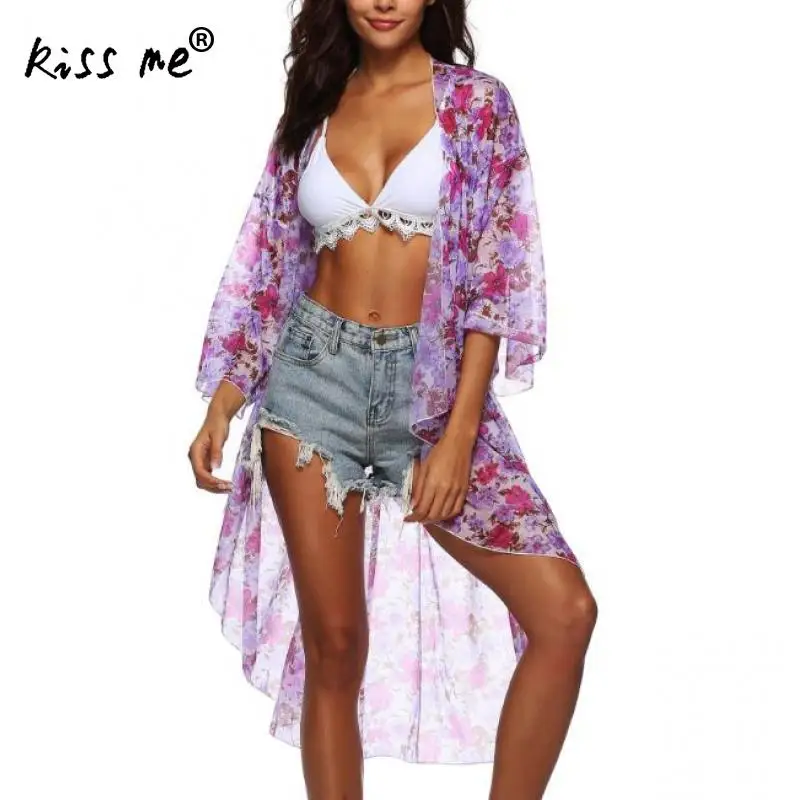 

Irregular Sexy Bikini Cover Up Purple See Through Beach Wear Dress Women Sarong Floral Long Tunic Beach Sun Protection Suit