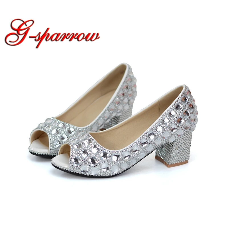 Peep Toe Wedding Shoes Silver Rhinestone Middle Heel Summer Sandals ...