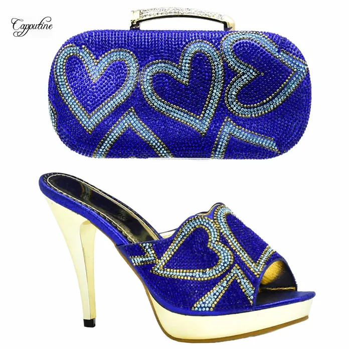 

Excellent royal blue women sandals and bag to match set for party Italian design thin high heel shoes and handbag set XY10