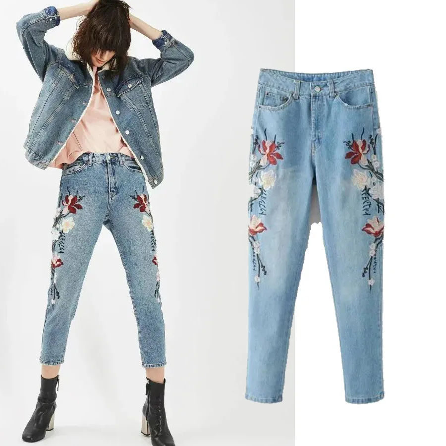 

2017 Spring Summer Fashion Floral Embroidered Jeans For Women Vintage Water Washing Bleached Straight Jeans Woman Denim Pants
