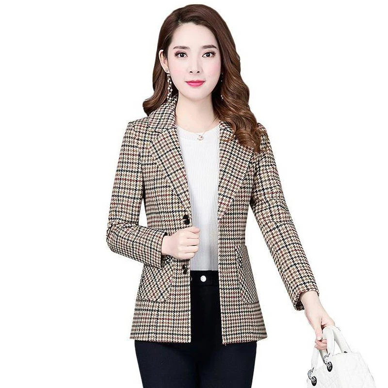 

2019 New Spring Autumn Women Office Lady Plaid Blazer Female Plus Size 4XL Coat Suit Ladies Fashion Elegant Jacket Outerwear S86