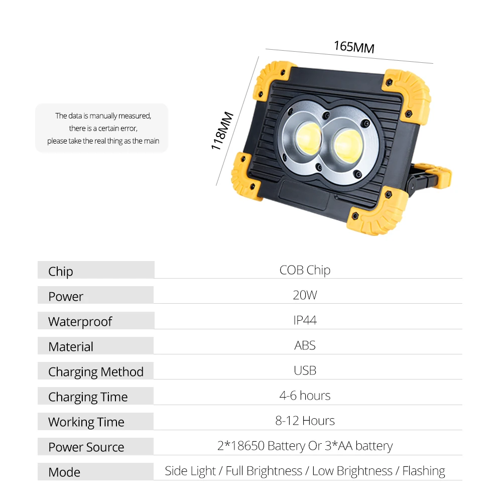 COB Отражатель прожектор 800 люминесцентный перезаряжаемый ручной светильник 20 Вт 4 режима портативная Рабочая лампа IP44 18650 AA питание от аккумулятора