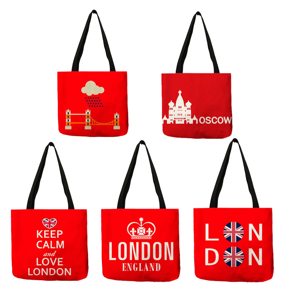 

Bright Red Color Handmade Tote Bag Letter London Moscow Printed Handbag Good Quality Linen Folding Travel Picnic Outdoor Package