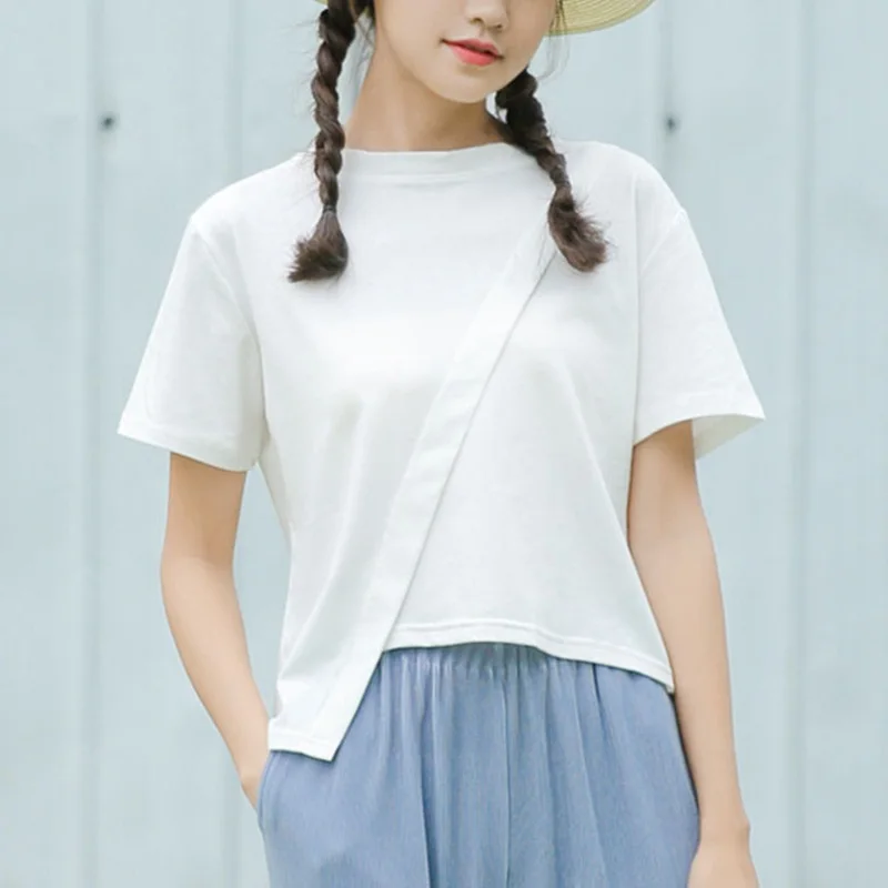 

Mferlier Chic Crop Top T Shirt Mori Girl O Neck Short Sleeve Oblique Patchwork Irregular Hem Women All Match White T Shirt